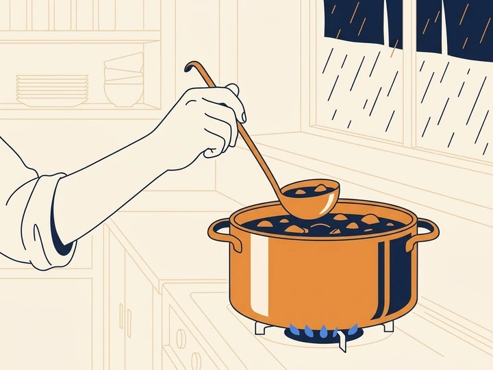 雨の夜、仕込みの量を控えめにした居酒屋の厨房のイラスト