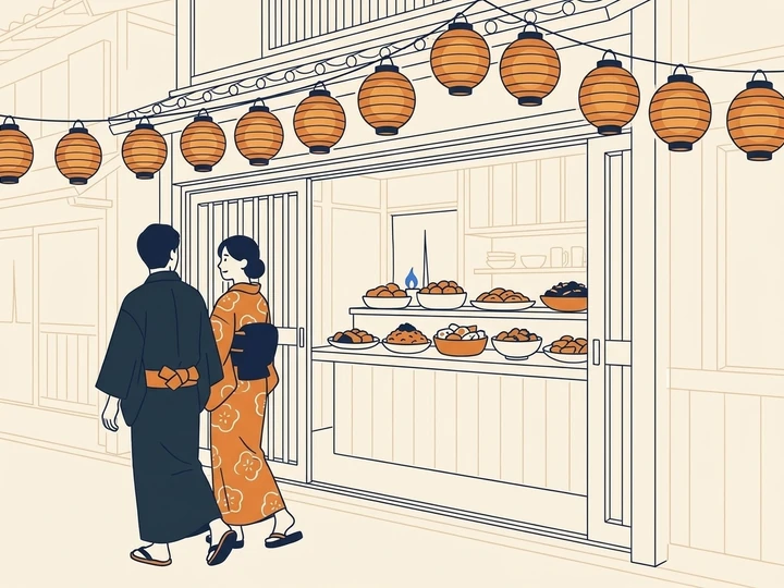 提灯のともる祭りの日、にぎわう店先のイラスト