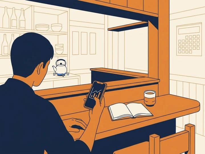 月末に、ひと月の数字を見返す店主のイラスト