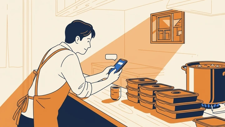 仕込みの時間に、落ち着いてLINEの1通を見る店主のイラスト