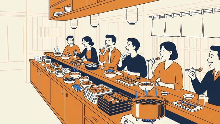 料理がたっぷり用意され、お客様でにぎわうカウンターのイラスト