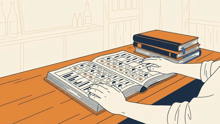 天気の記号が並んだ帳面を積み重ねた、お店の記録のイラスト