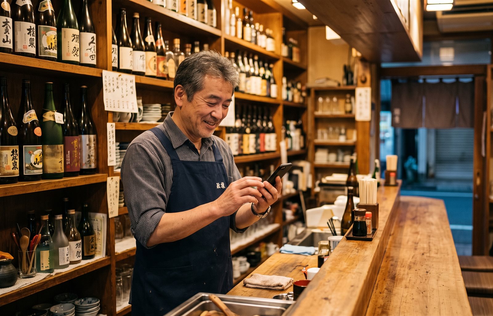 カウンター越しにスマートフォンを見る居酒屋の店主