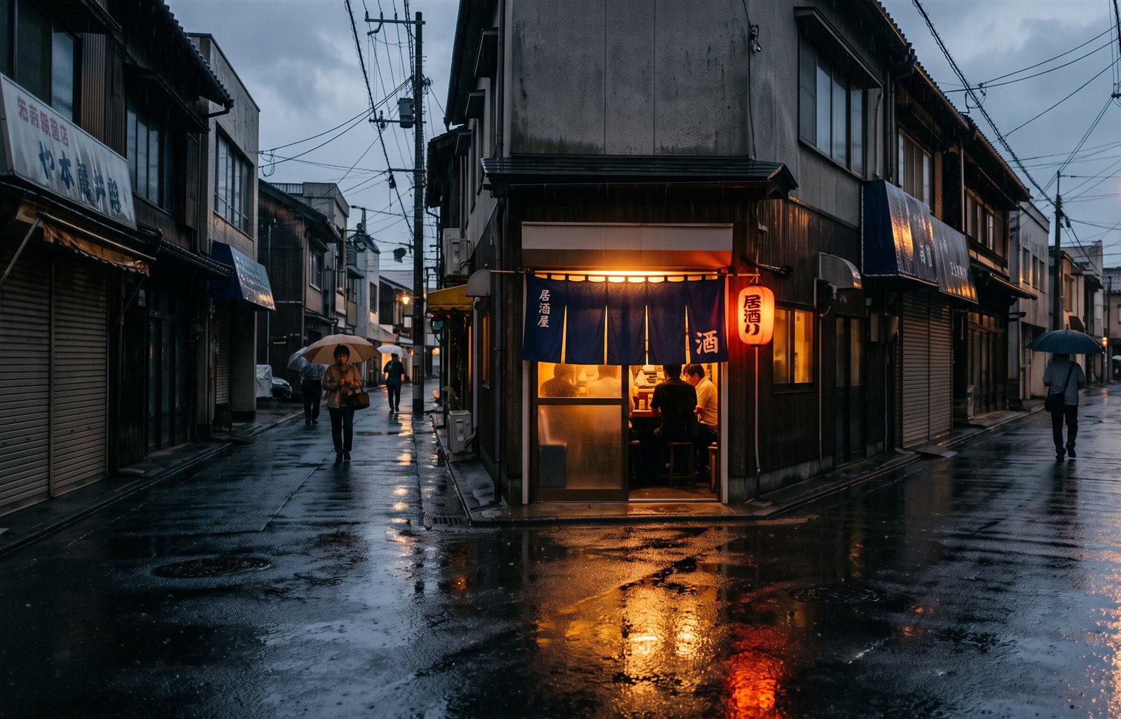 雨の日の夕方、灯りのついた居酒屋と濡れた路面