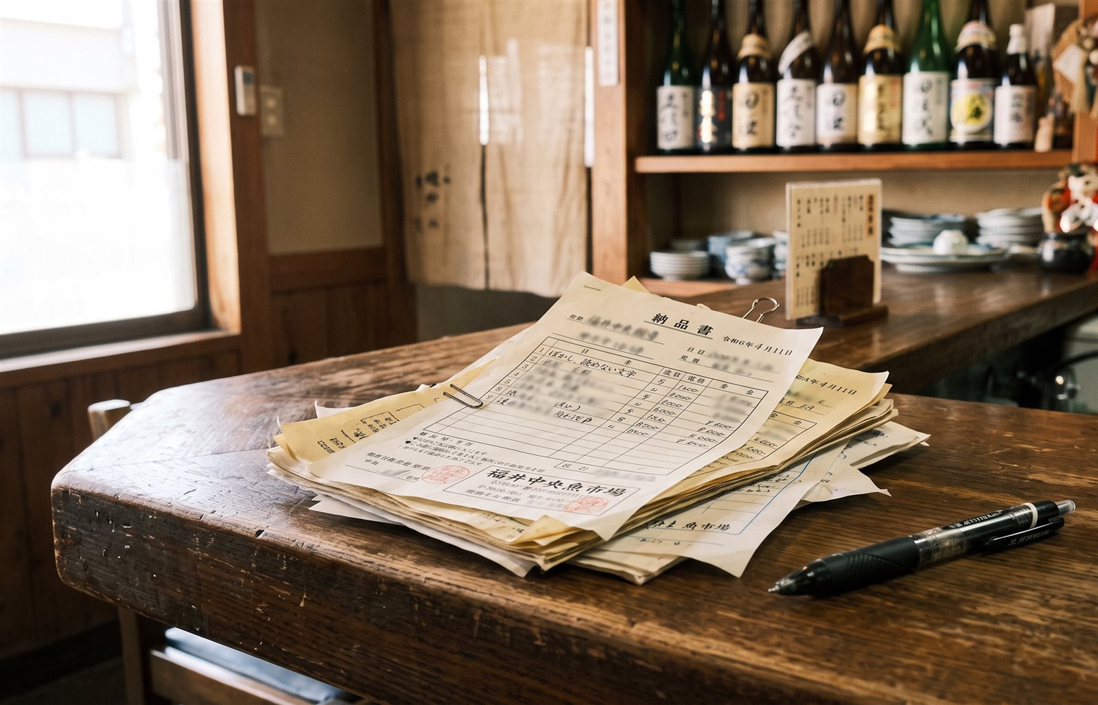 カウンターに置かれた納品書の束