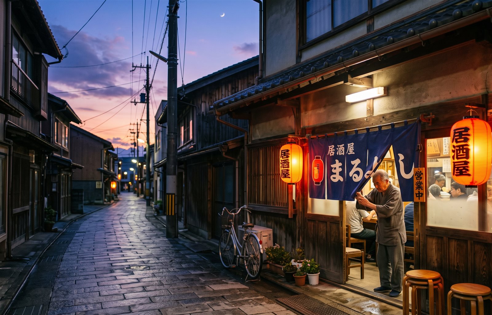 夕暮れの路地で、のれんを出す居酒屋の店主